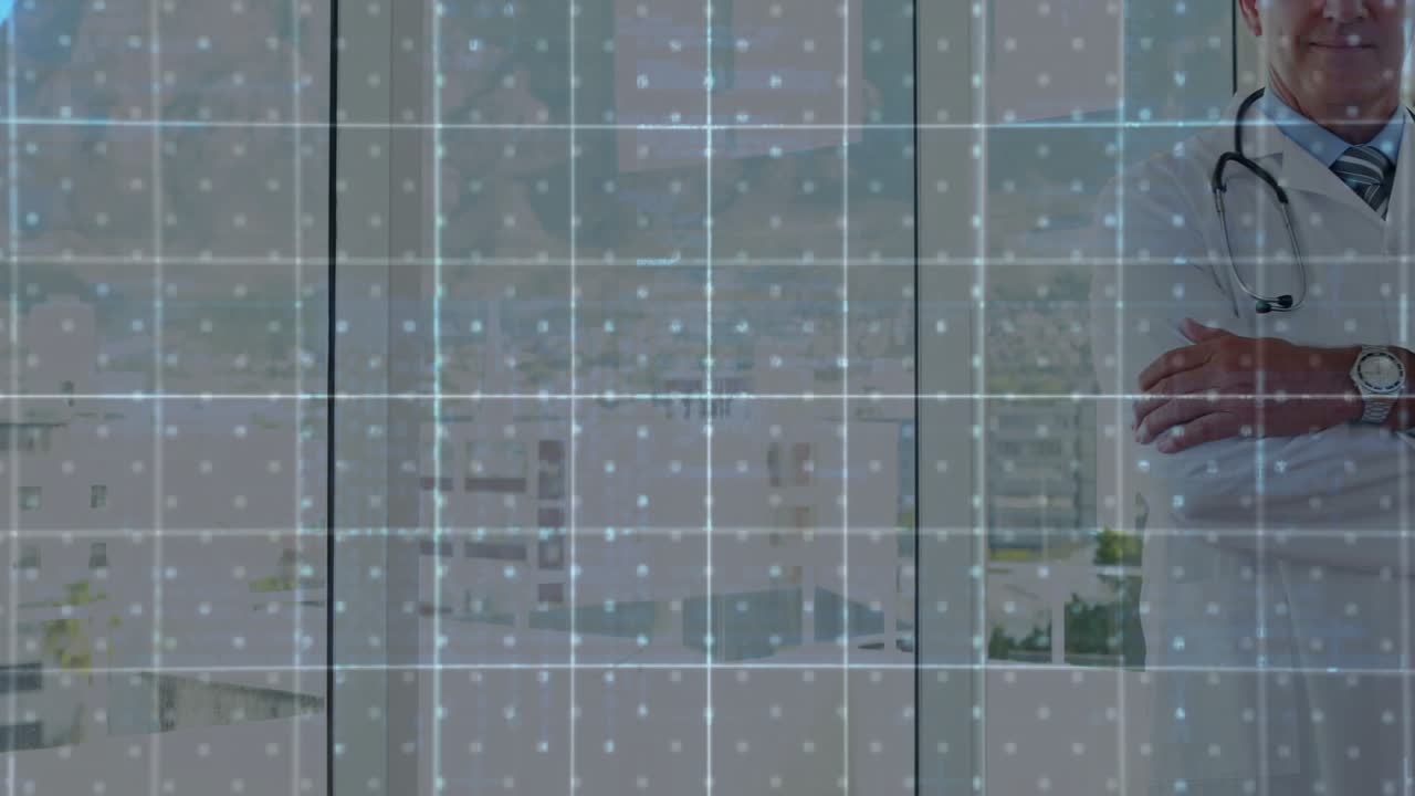 Holographic circle expanding and rotating arcs while doctor arms crossed monitoring health data