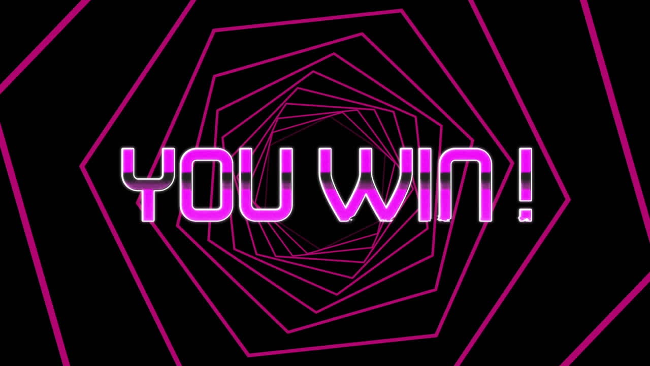 púrpura usted gana el texto contra más de hexágonos rosados girando en movimiento continuo sobre fondo negro