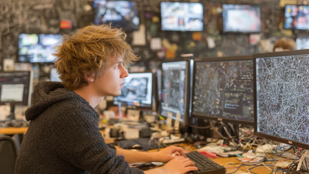 Young Programmer Deep in Concentration Surrounded by Multiple Monitors Displaying Complex Data and Visualizations in a Modern Tech Environment