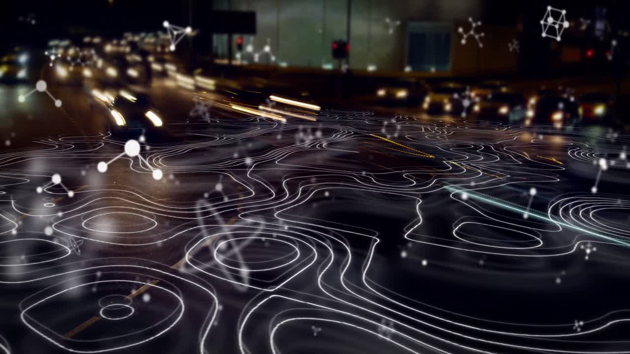 도시 풍경 위에서 움직이는 모양의 애니메이션