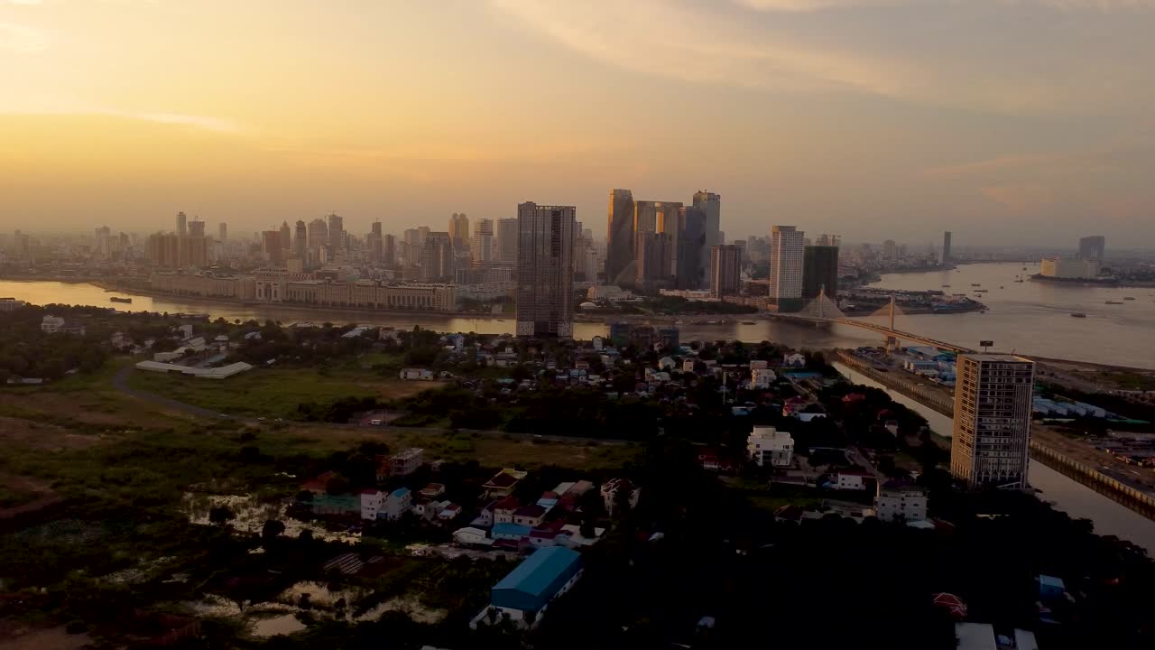 Phnom Penh Cambodia city sunset view, aerial landscape skyline drone video