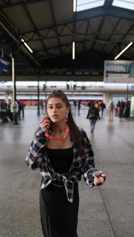 woman talking on phone at train station