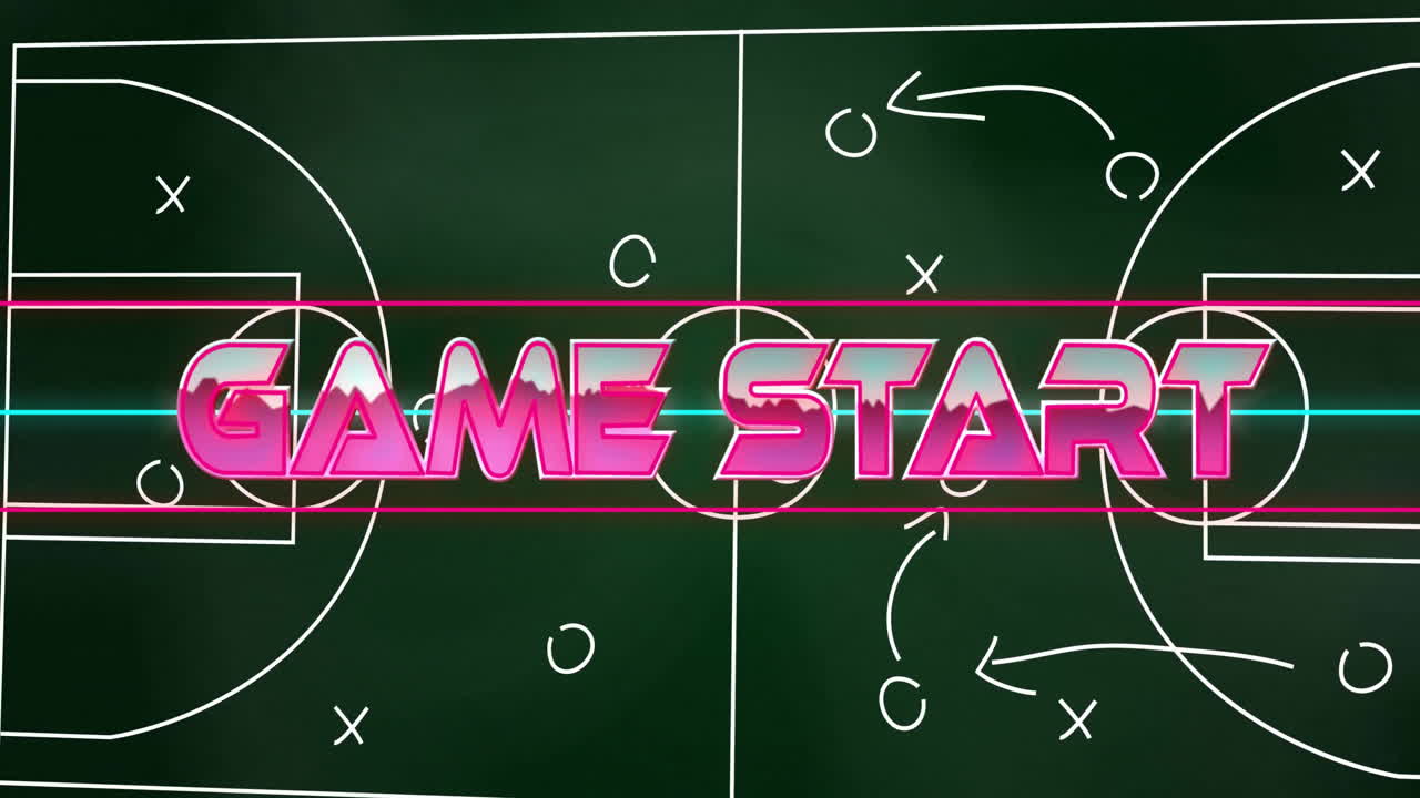 Game start text animation over chalkboard with sports strategy diagram