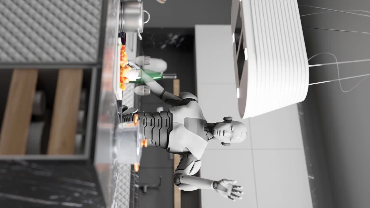 de un chef futurista, un robot humanoide y un cyborg en el interior de una casa, una cocina moderna, una inteligencia artificial, una animación en 3d.