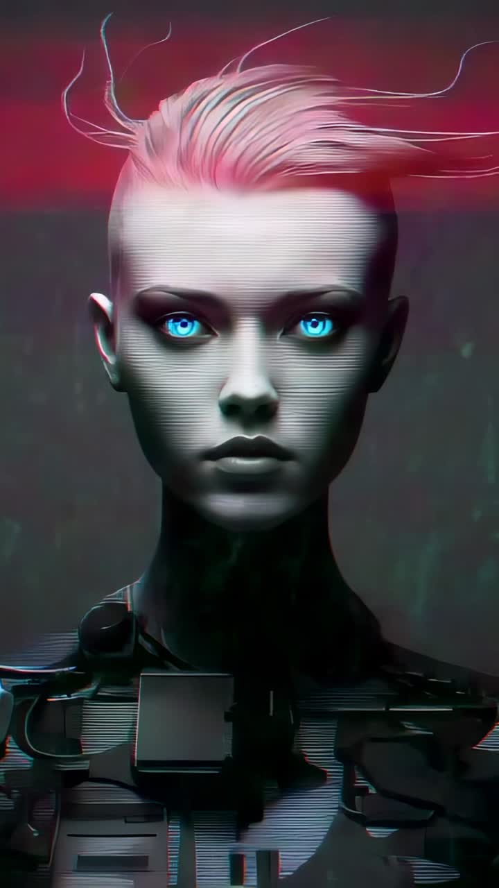 Video verticale: visualizzazione del volto di un androide femminile con glitch e linee scorrevoli in un laboratorio, con collare cibernetico