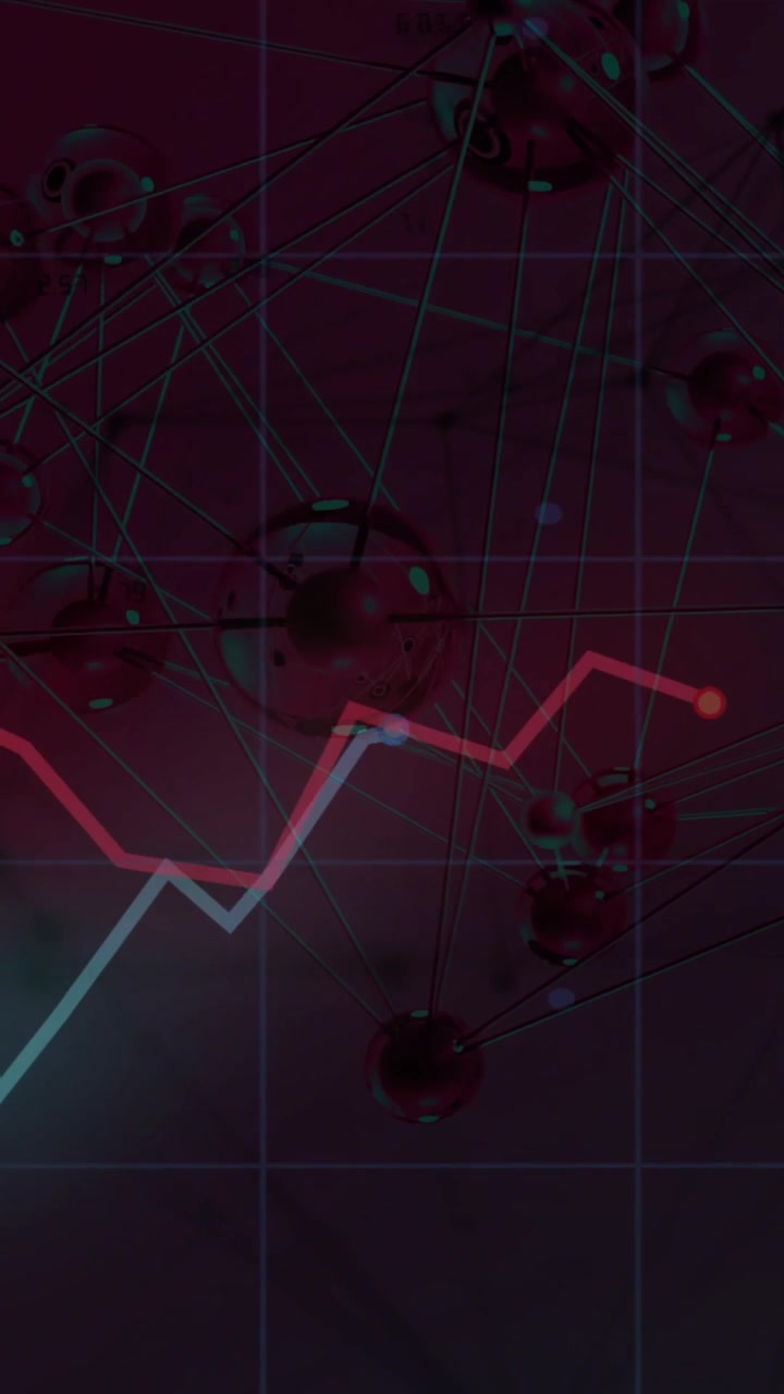 Vertical video: Neon red or cyan graphs drawing left crossing pulsing rotating net showing tech data