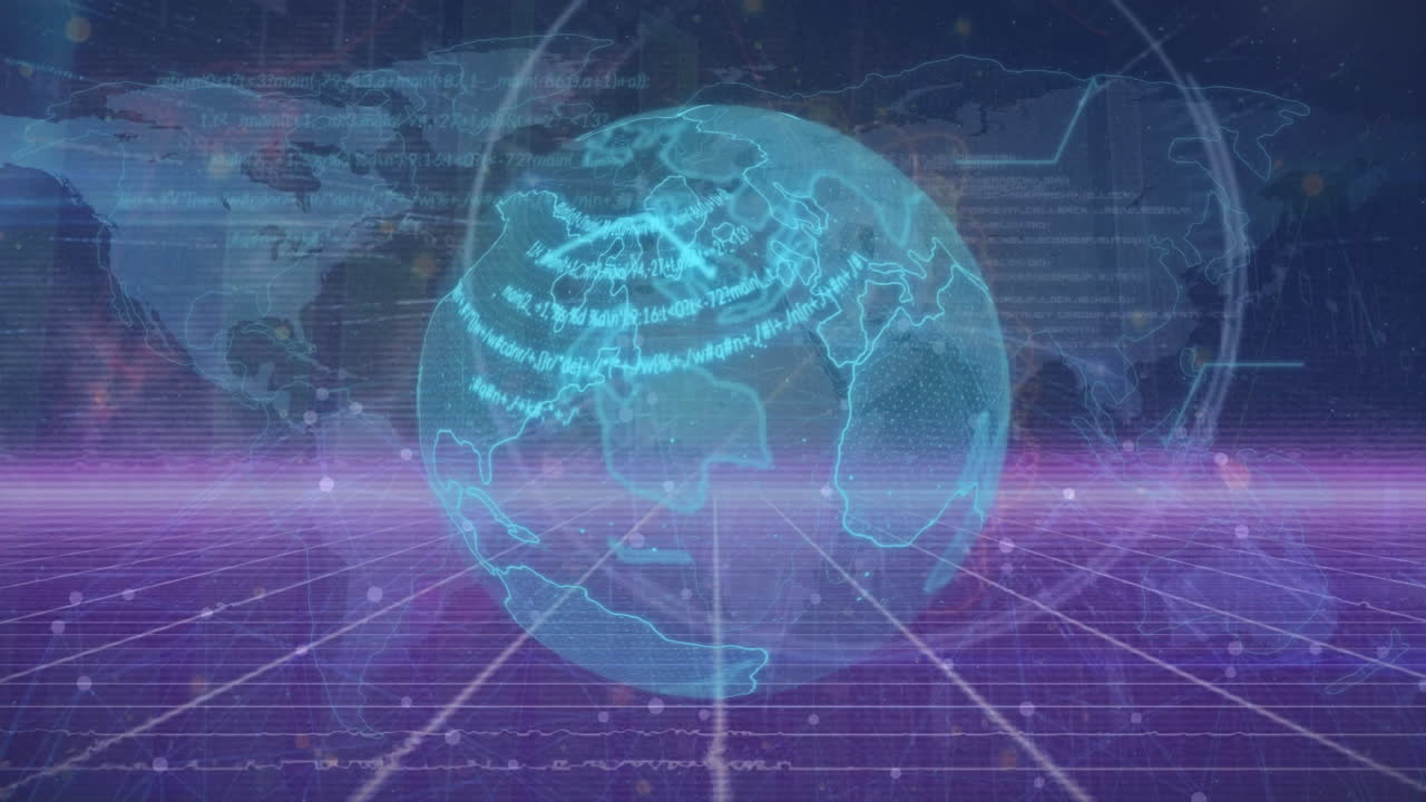 Animation of data processing and world map over globe