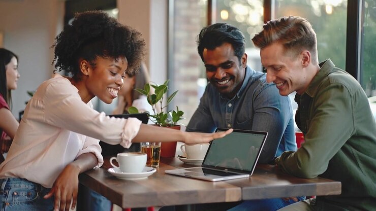Diverse Group of Colleagues Collaborating on Laptop in Coffee Shop
