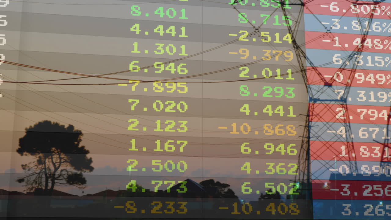 Sunset with stock market animation overlaying trees and power lines silhouette