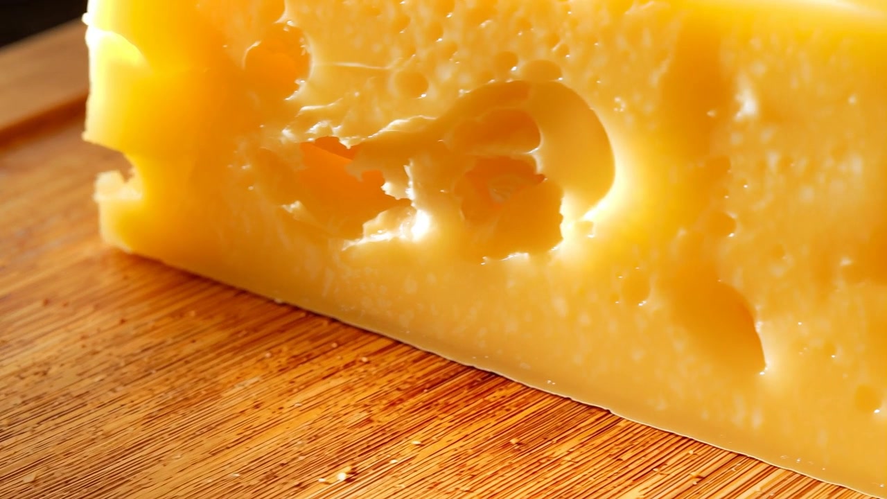 Telecamera panoramica che rivela uno spicchio di formaggio giallo con buchi rotondi su un tagliere di legno, con luce calda.