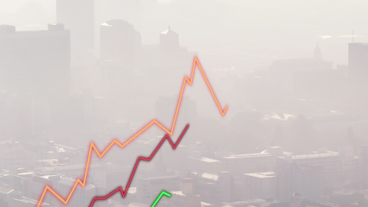 Animation of line graphs showing growth over aerial view of silhouette modern buildings in city
