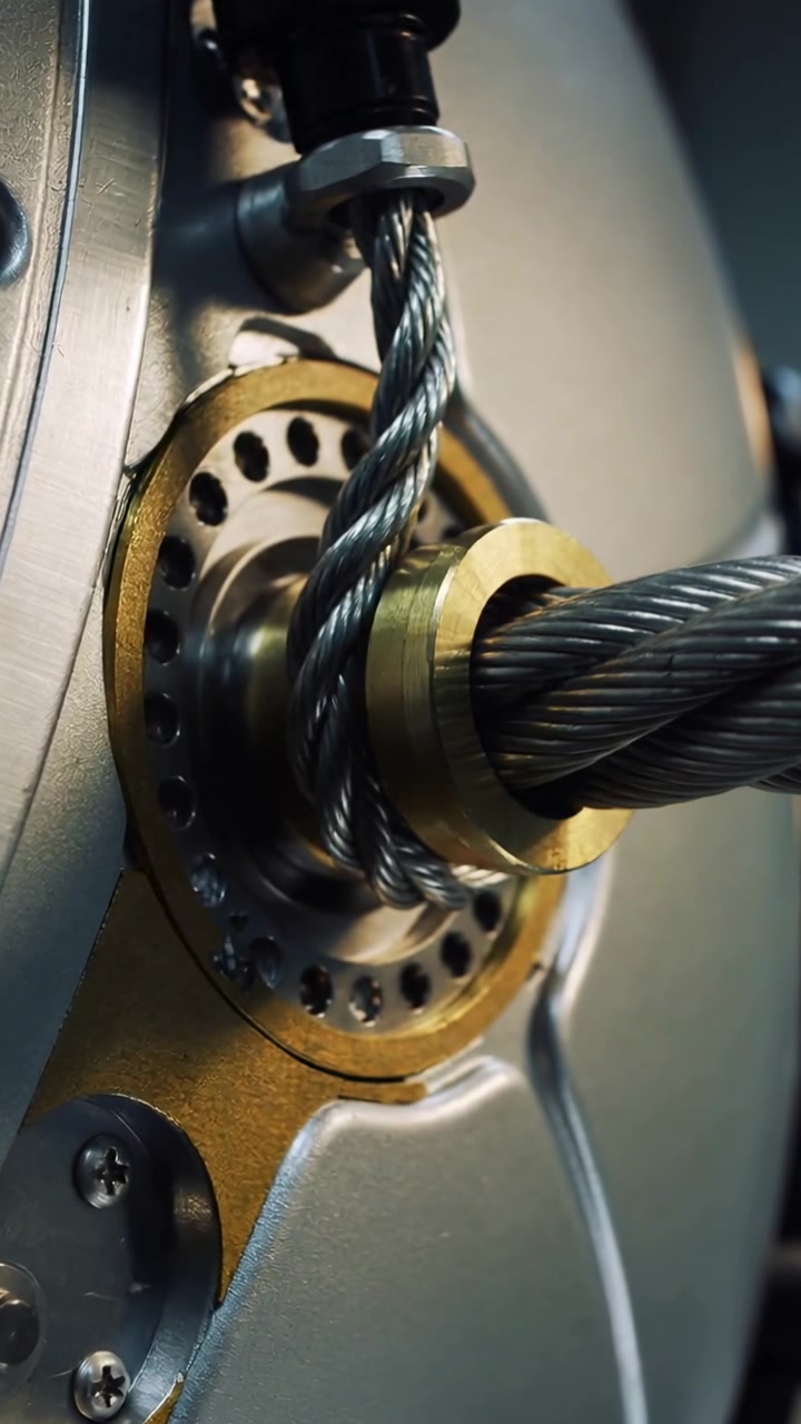 Vertical video: Turning hub feeding braided steel cable into brass collar at metal housing to reel