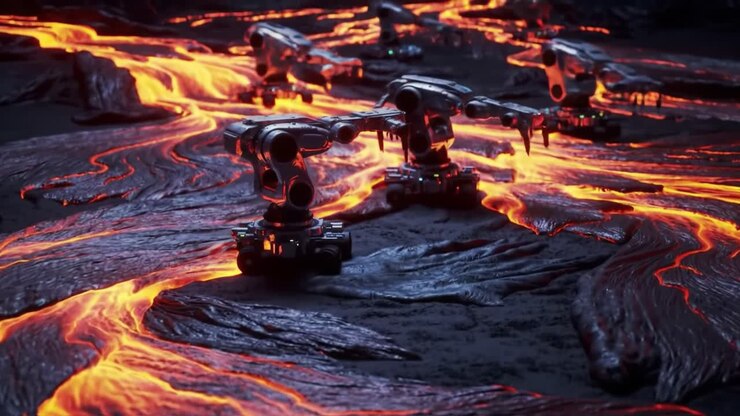 Exploring the Interaction Between Advanced Robotics and Flowing Lava: A Stunning Visual Representation of Cutting-Edge Technology in a Volcanic Environment