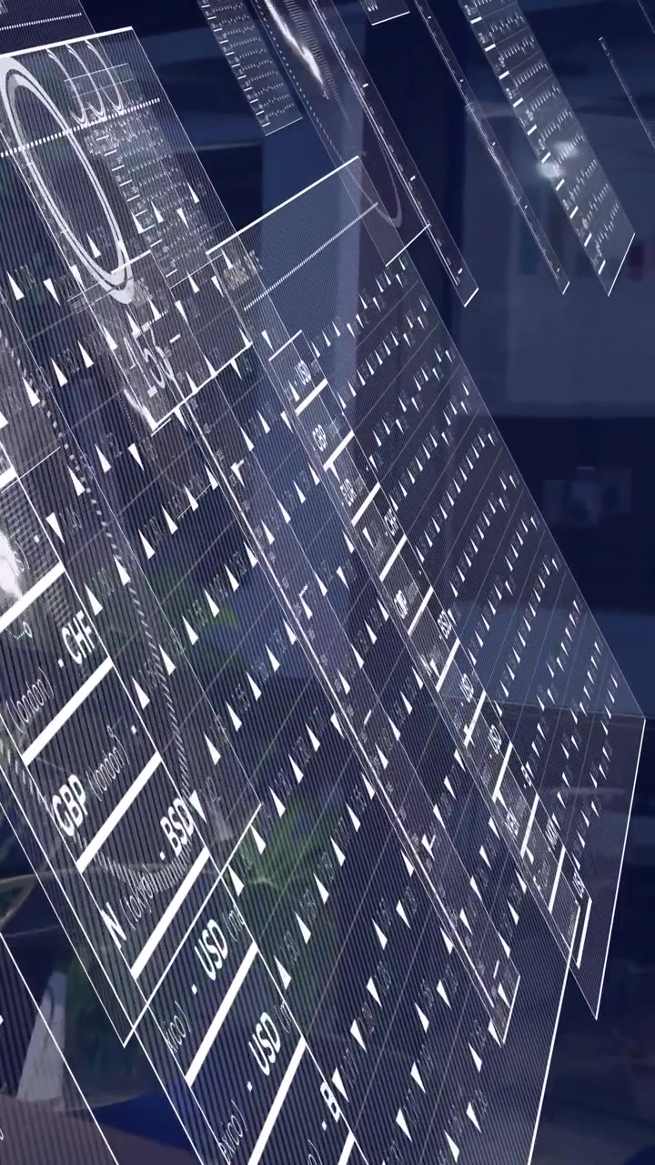 Vertical video: Angled HUD emerging, finance panels cascading across glass lounge showing tickers