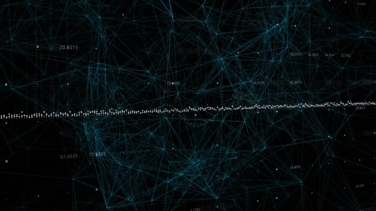Animation of soundwave over dots connected with lines and numbers against black background