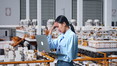 side view of asian business woman not satisfied and shakes her head while using laptop computer in the warehouse