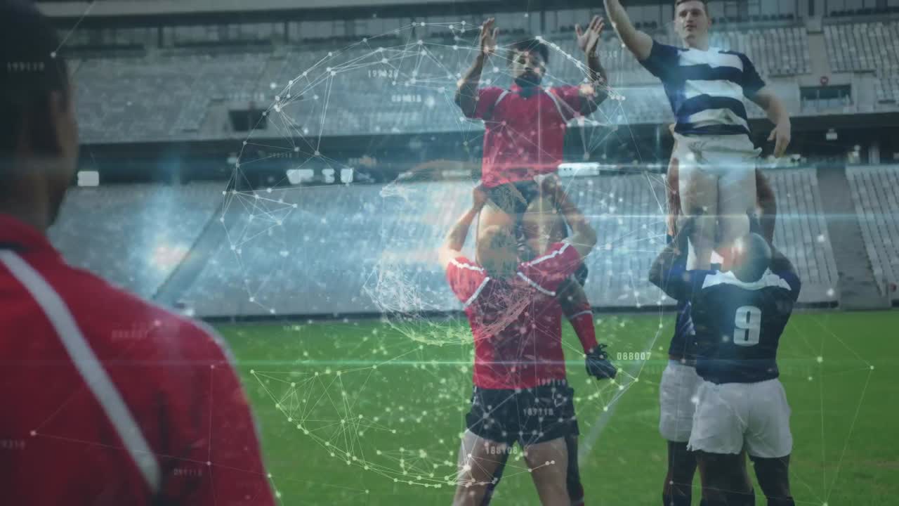 animación del globo de la red de conexiones sobre un equipo de diversos jugadores de rugby masculinos jugando rugby