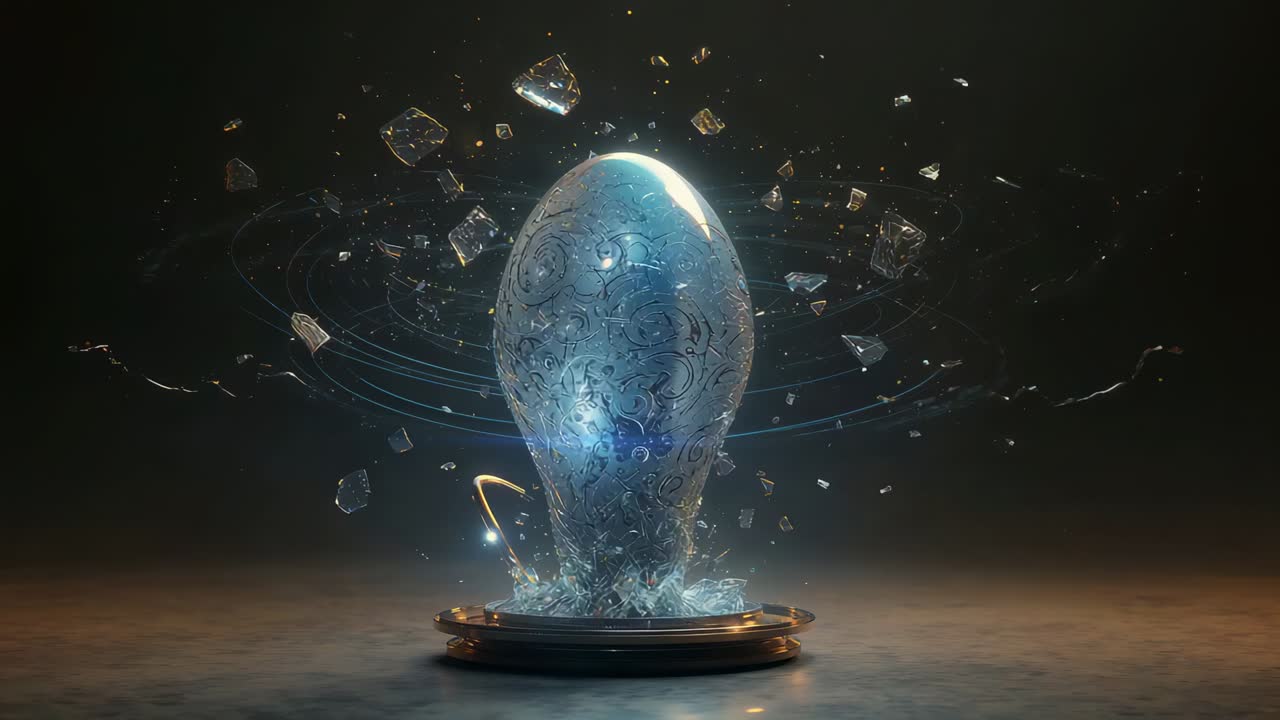 Brightening from inside, ornate egg lifting shards and forming cyan rings on metallic platform