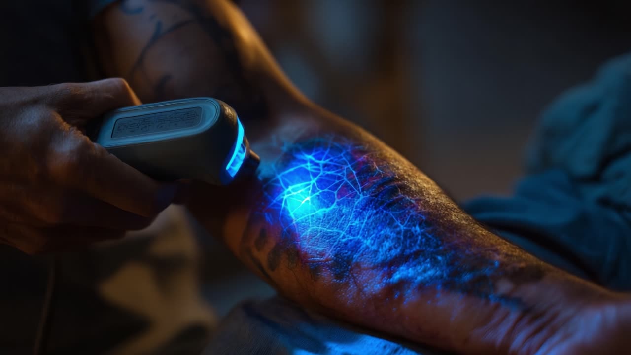 Captivating Artwork: Intricate Tattoo Illuminated by a High-Tech Device, Showcasing the Depth of Colors and Details through a Mesmerizing Blue Glow on the Skin's Surface