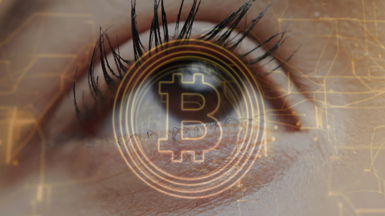 símbolo de bitcoin animado en primer plano del ojo humano