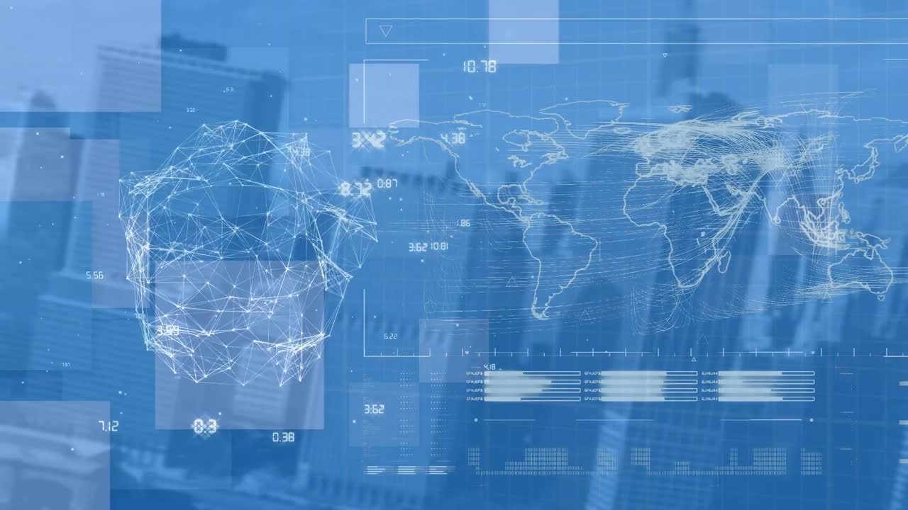 파란색 도시 풍경 위의 연결, 숫자 및 세계 지도의 애니메이션