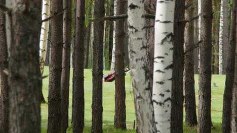 Golfer walking through a wooded golf course