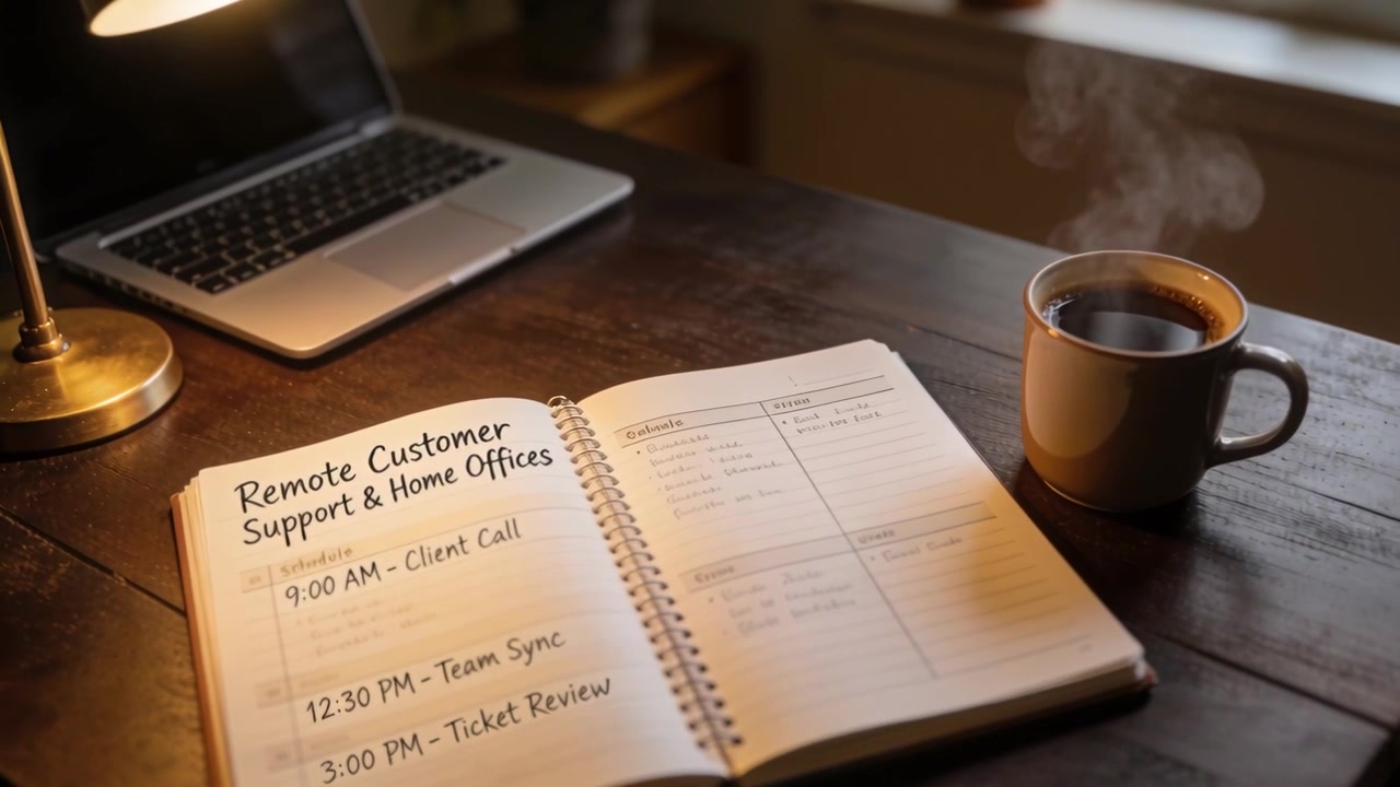 Showing open spiral notebook displaying schedule at home workspace, lamp warming page, mug steaming