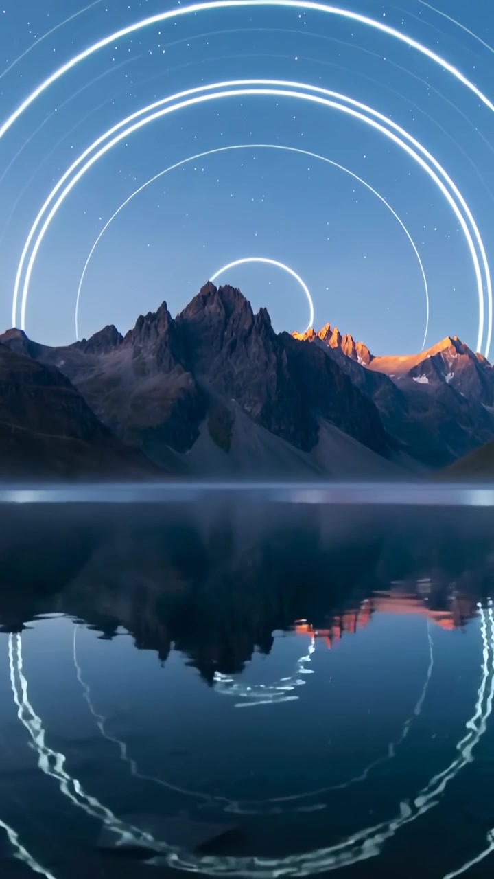 Vertical video: Emerging concentric rings over peak lighting sunlit peaks and rippling alpine lake