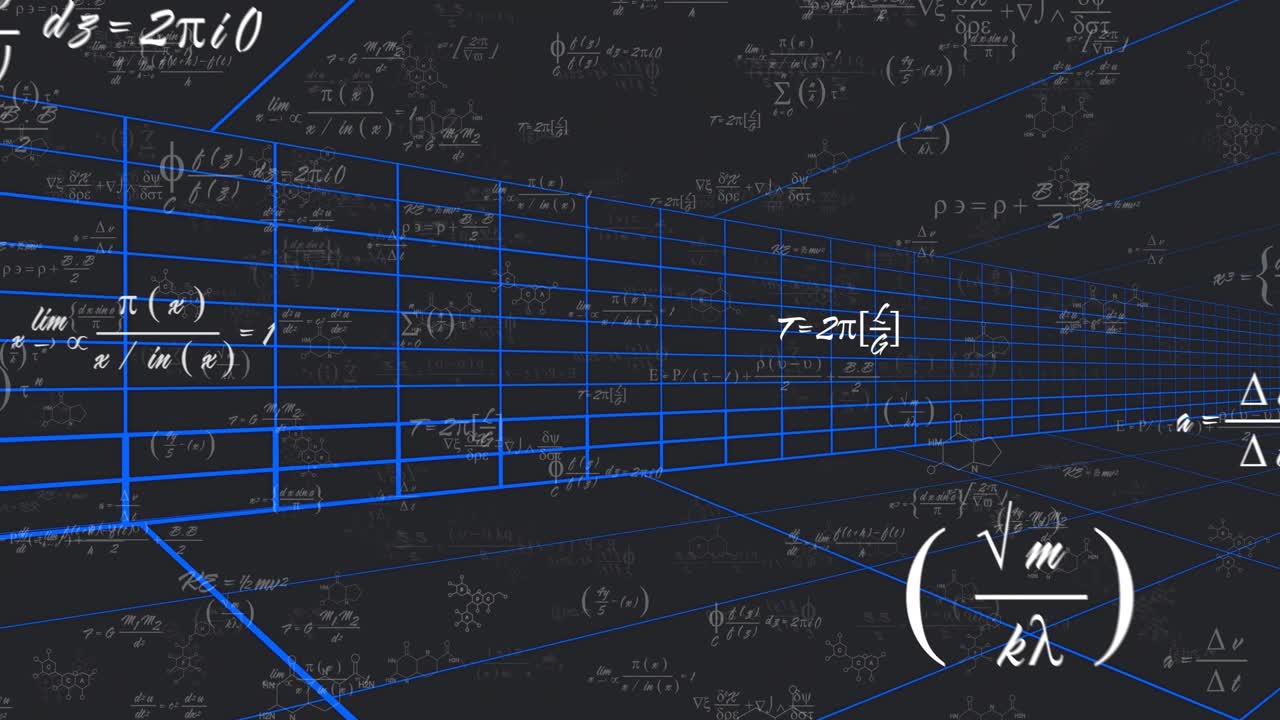 Digital wireframe corridor forming, formulas emerging and shifting to illustrate evolving equations