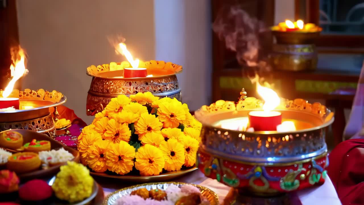 ceremonia religiosa india con velas y flores
