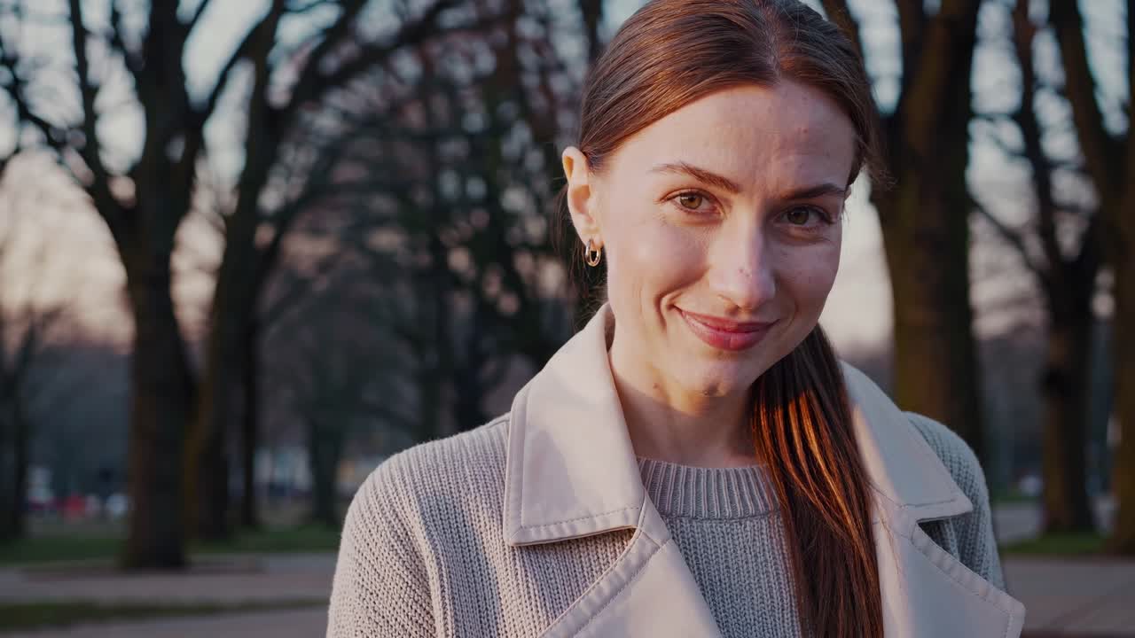 Ung kvinde iført lysegrå frakke og sweater smiler selvsikkert under solnedgangen i den gyldne time i en park, der udstråler en rolig og fredfyldt stemning