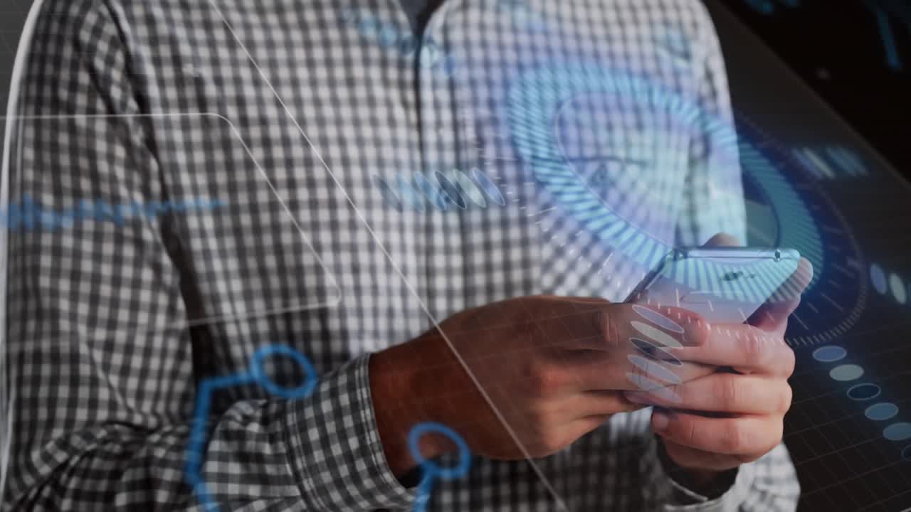 Animation of interface with data processing against mid section of man using smartphone