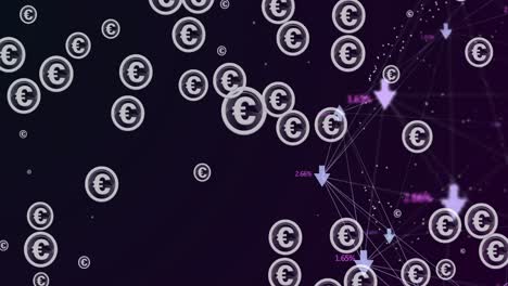 Animation-of-euros-blinking-on-black-background-with-icons-and-connections