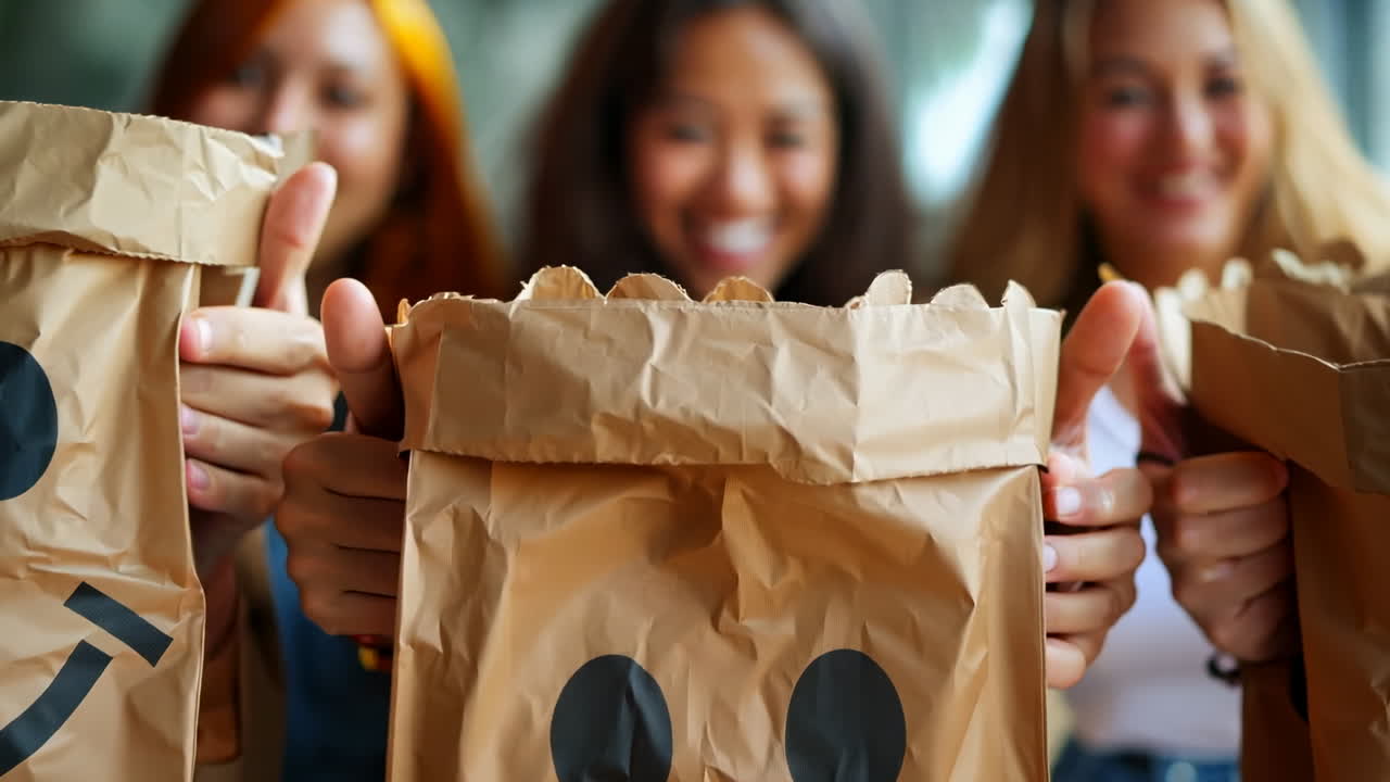 Cheerful Friends With Happy Bags at a Gathering in the City. Three friends proudly display their happy bags, sharing smiles and joy at a vibrant social gathering.