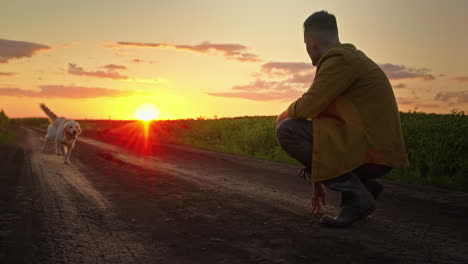 hombre y perro al atardecer en un camino de campo