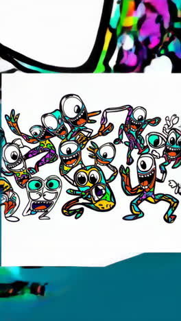vibrant psychedelic one-eyed running cartoon monster
