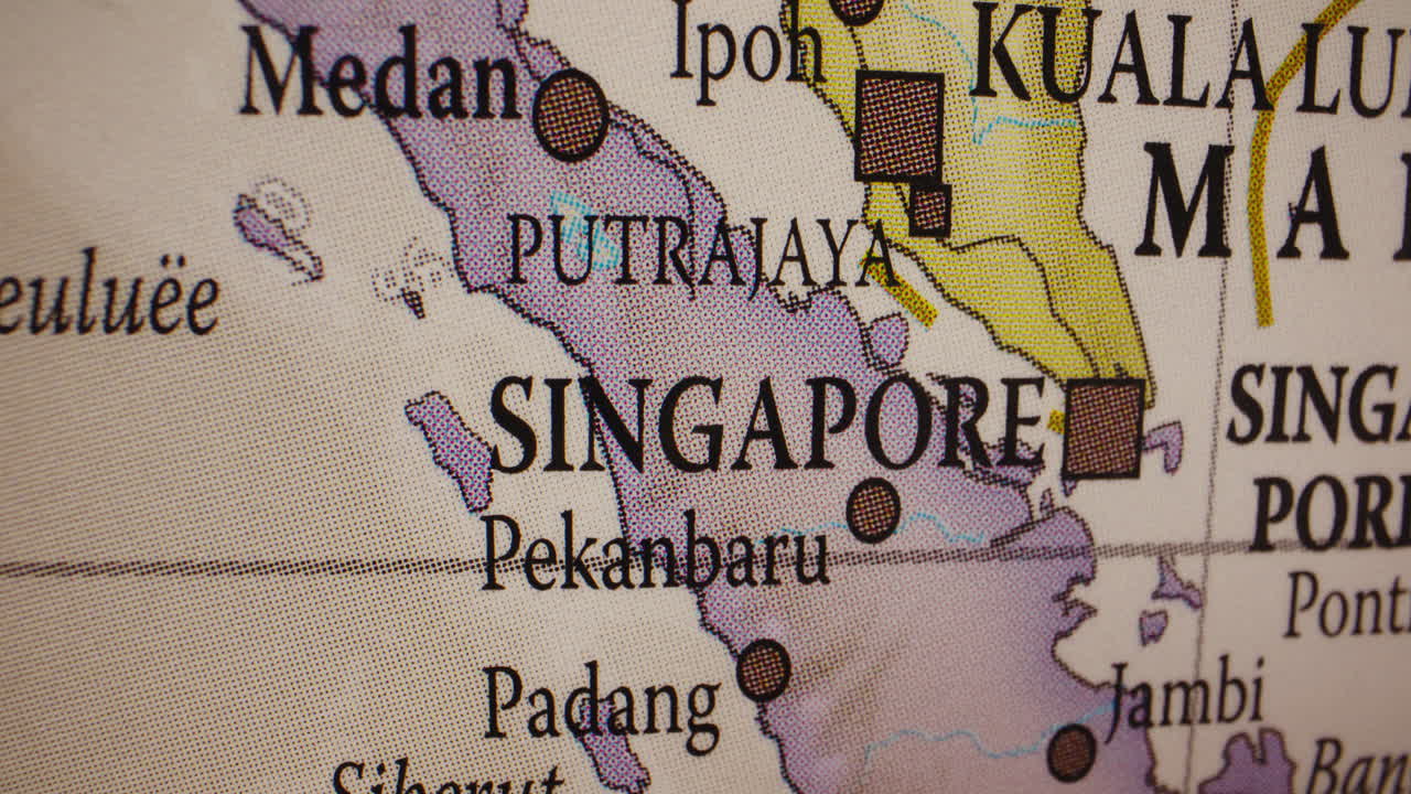 Close-up of a map focusing on Singapore, Malaysia, and surrounding Southeast Asian countries and cities