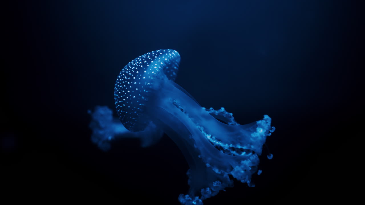 Primo piano di una medusa che nuota nell'acqua completamente nera