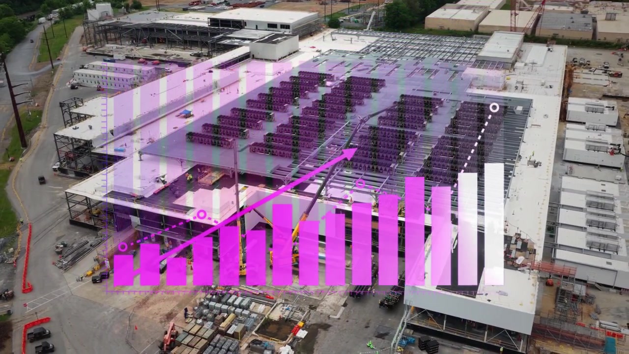 Aerial of Data center under construction with digital progress monitoring, development analytics, construction milestones and infrastructure buildout tracking. 3D graphic animation