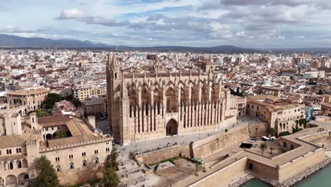 aerial establishing shot of famous cathedral of mallorca on palma city at sunlight