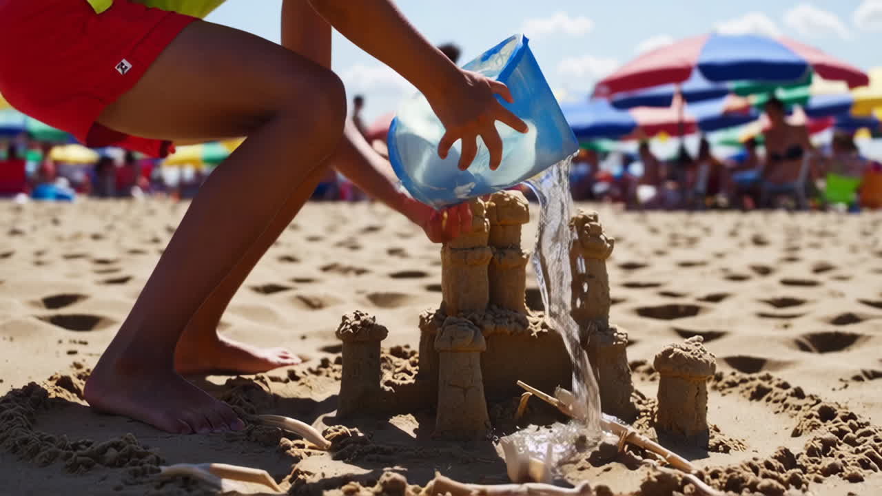 아이들이 해변에 모래 성을 짓고 있습니다.