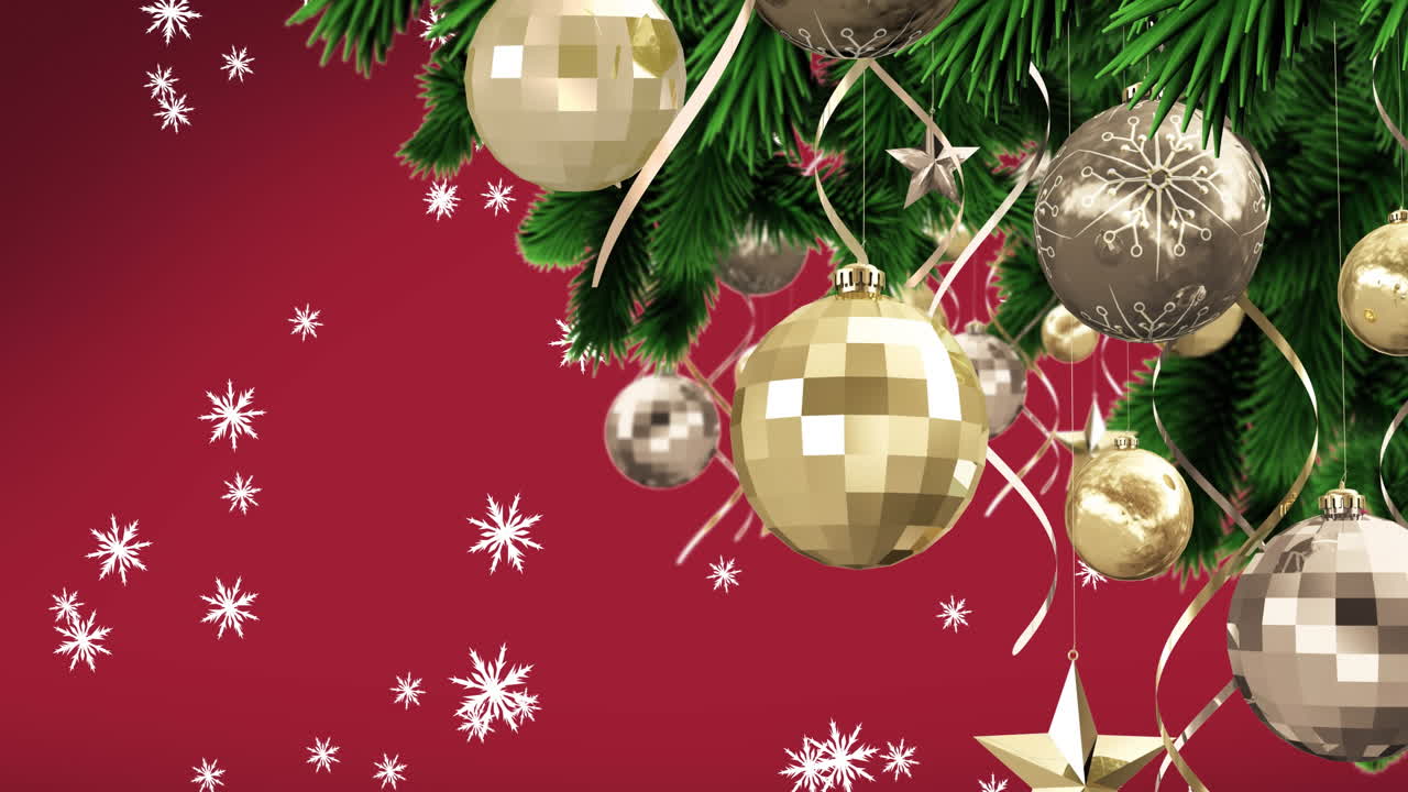 animación de nieve cayendo sobre la decoración de navidad sobre fondo rojo