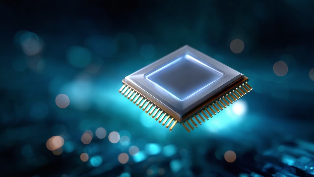 En detaljeret visning af en futuristisk mikrochip, der svæver i et teknologisk rum, viser indviklede designs og glødende elementer, der repræsenterer avanceret computerkraft