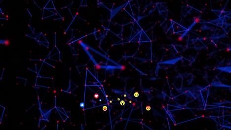 multiple face emojis moving and network of connections against black background