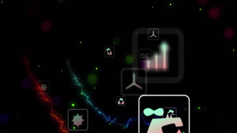 scientific icons and data processing animation over dark background with glowing particles