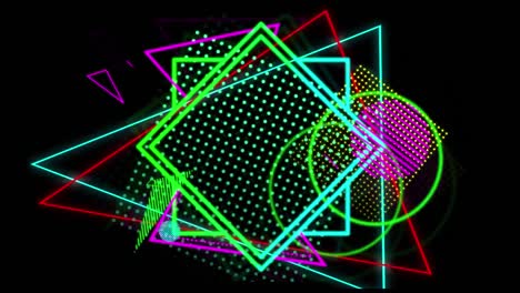 Animation-of-colorful-geometrical-graphics-over-black-background