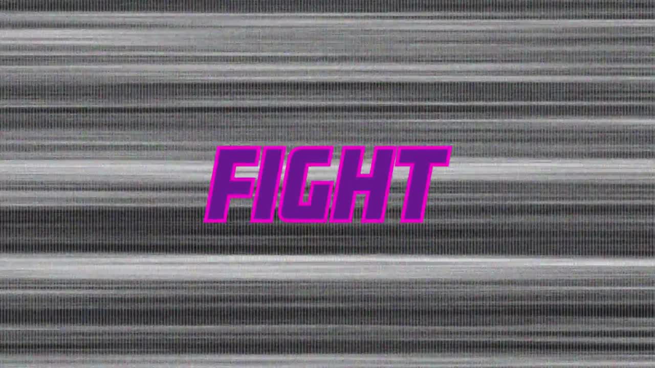 Linee di scansione in movimento con forme magenta che sfarfallano, formando FIGHT a rappresentare un combattimento digitale.