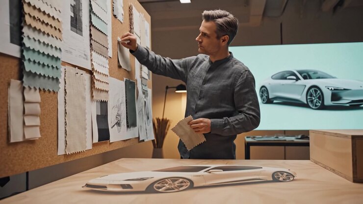 Innovative Designer Collaborating on Automotive Concepts with Color Swatches and Sketches in a Modern Studio Environment Focused on Vehicle Aesthetics and Design