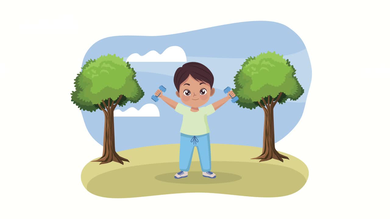 niño levantando pesas en la animación del bosque
