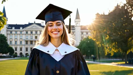 A smiling graduate in cap and gown on a university campus